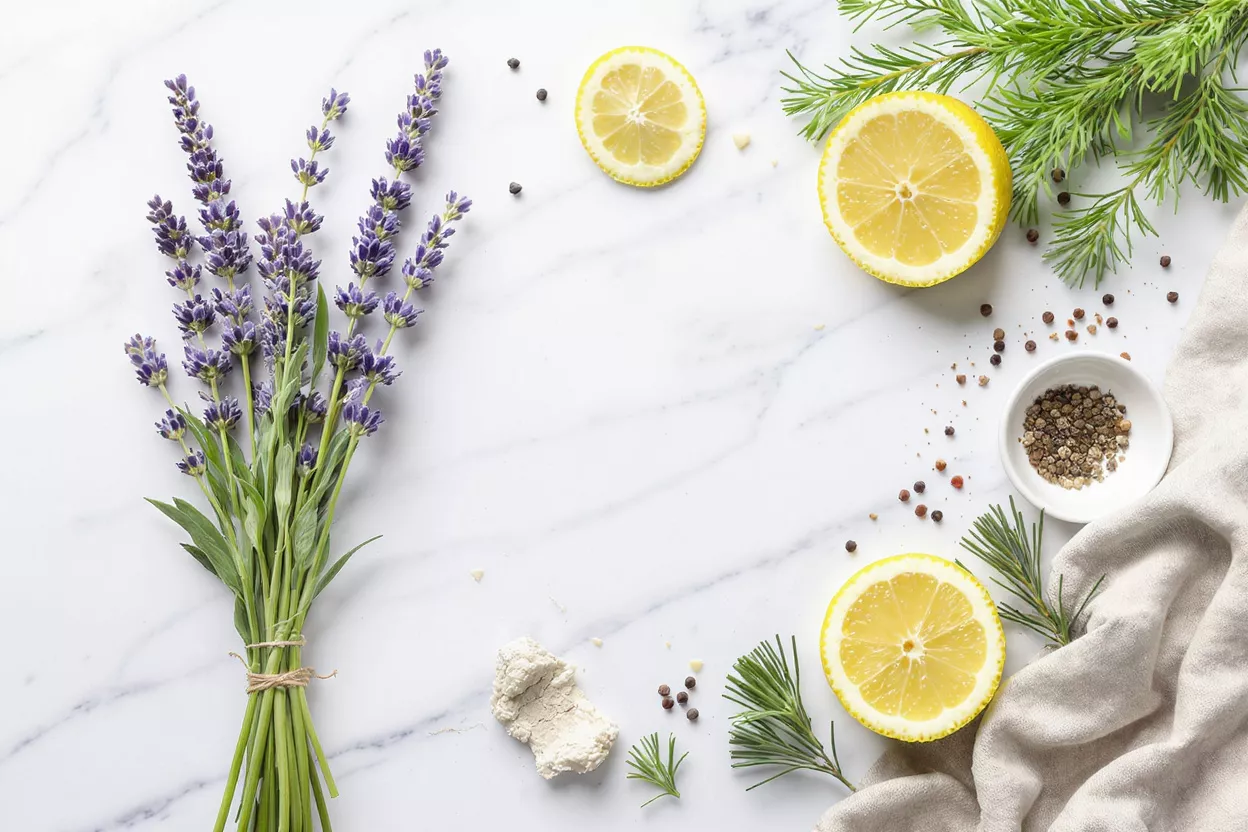 Aesthetic flat lay of lavender, lemon slices, rosemary, and peppercorns on marble.