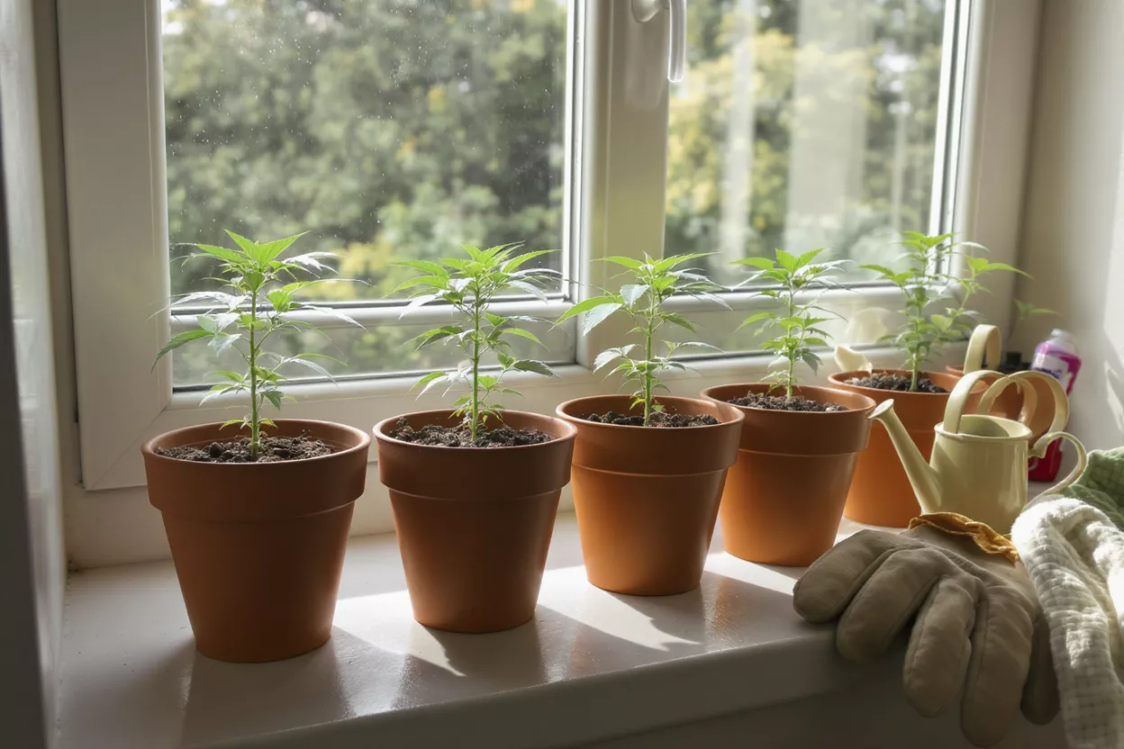 Five small green plants in terracotta pots on a sunlit windowsill.