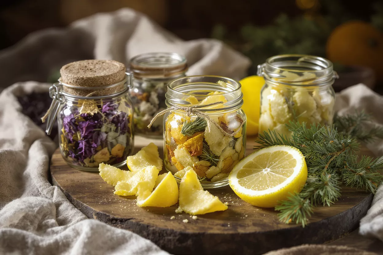 Jars of homemade potpourri, lemon peels, and a sliced lemon on a wooden board.