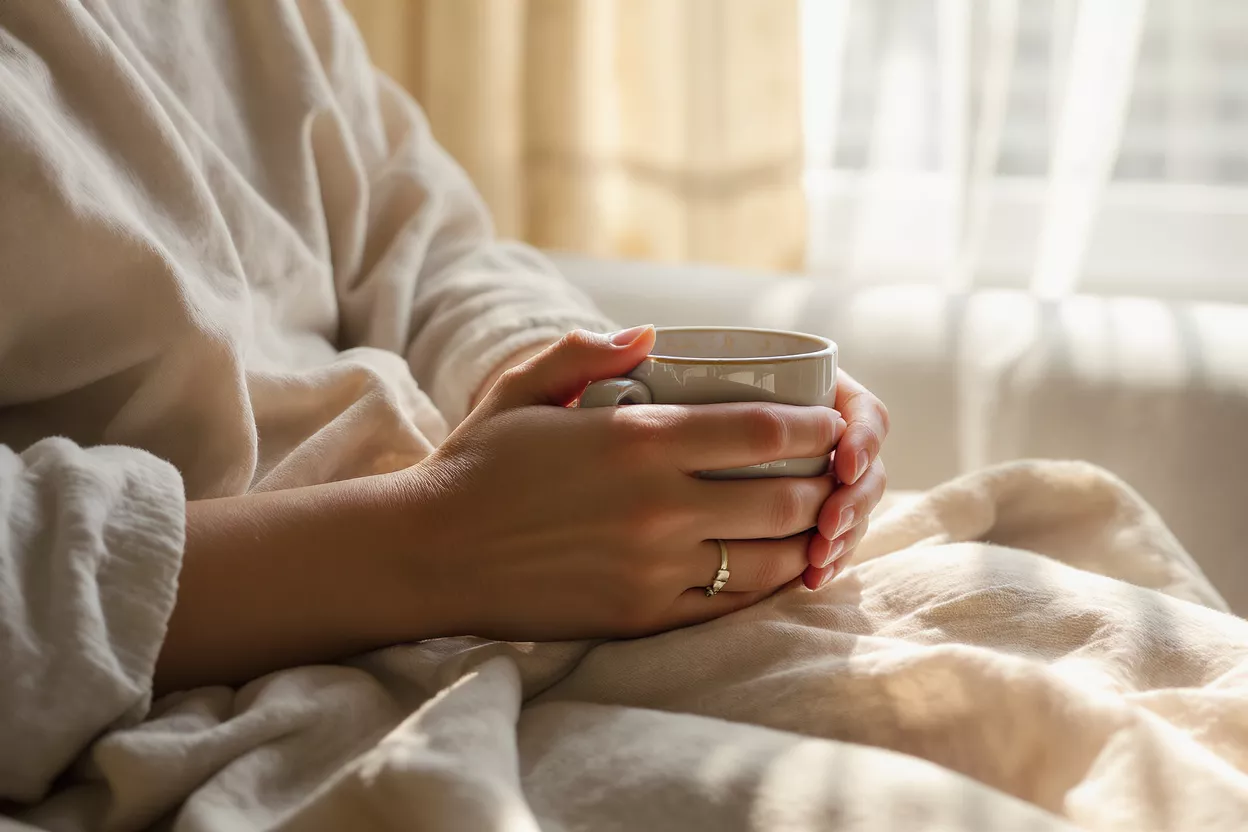 Hands holding a warm mug, wrapped in a blanket by a sunlit window.