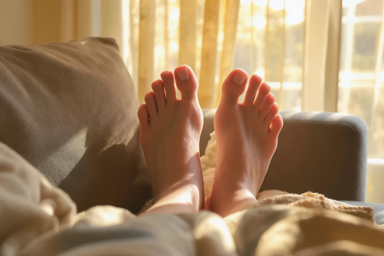 Les pieds nus d'une personne reposant sur un canapé, baignés de la lumière chaude du soleil entrant par une fenêtre.
