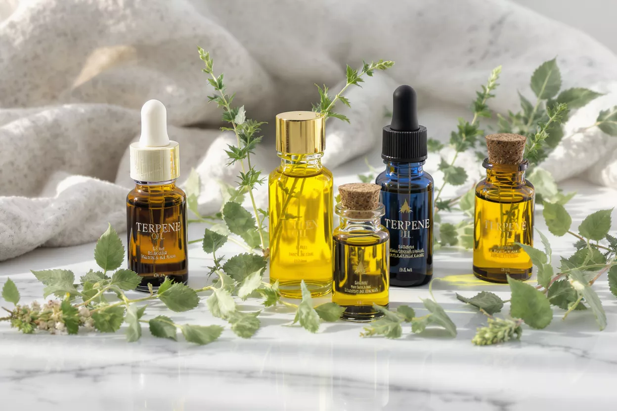 Five bottles of terpene oil, amber and blue, with green herbs on a marble surface.