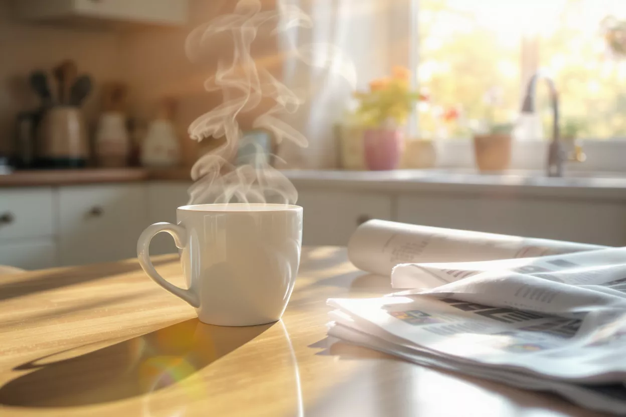 Taza de café humeante y periódico sobre una mesa de cocina iluminada por el sol, escena matutina acogedora.