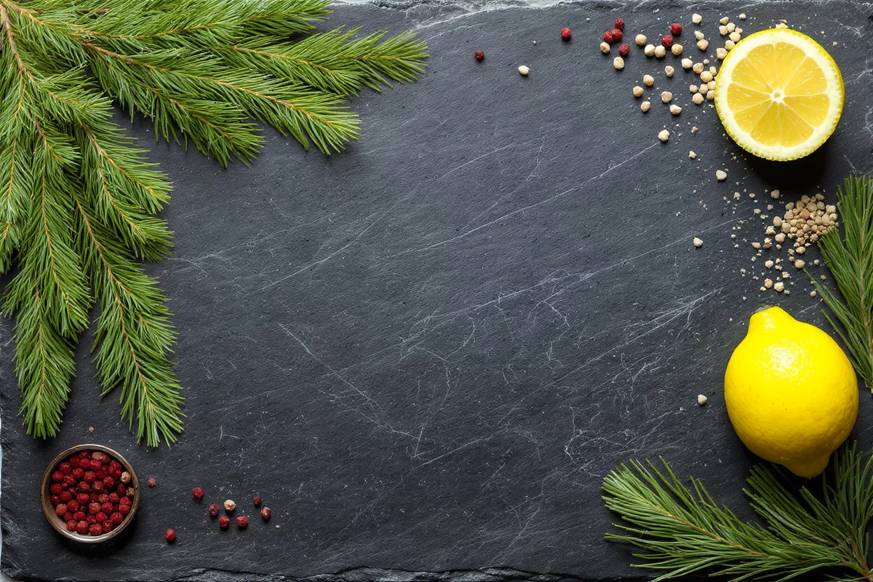 Pine branches, lemons, and spices on a dark slate background for festive cooking.