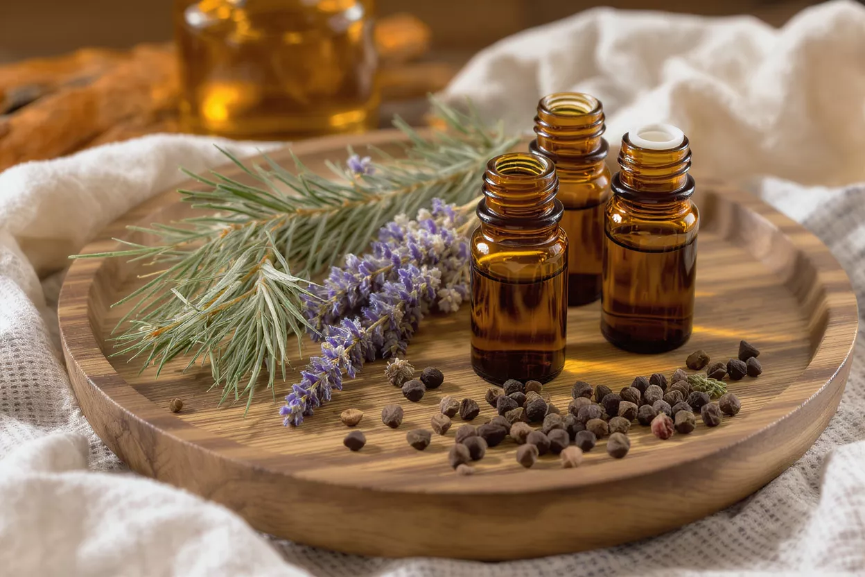 Three amber essential oil bottles with lavender, herbs, and seeds on a wooden tray.