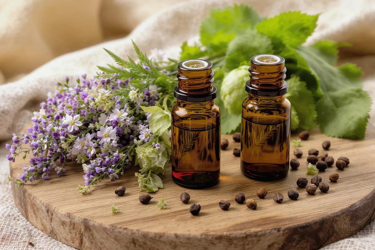 Two amber essential oil bottles with lavender, green herbs, and seeds on a wooden board.