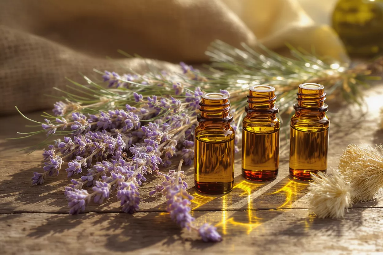 Three amber bottles of essential oil with fresh lavender on a wooden surface.