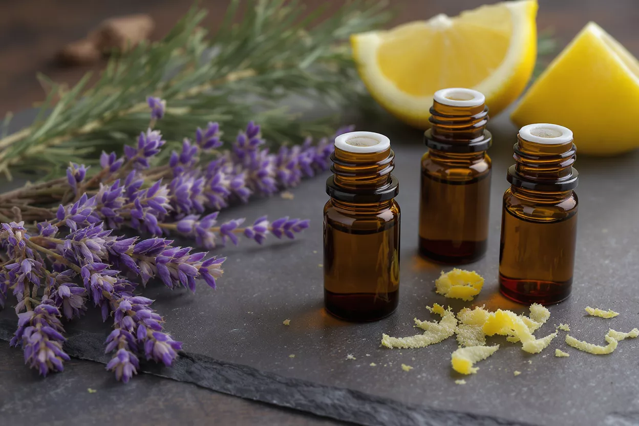 Trois flacons ambrés d'huiles essentielles avec lavande, romarin, tranches de citron et zeste.