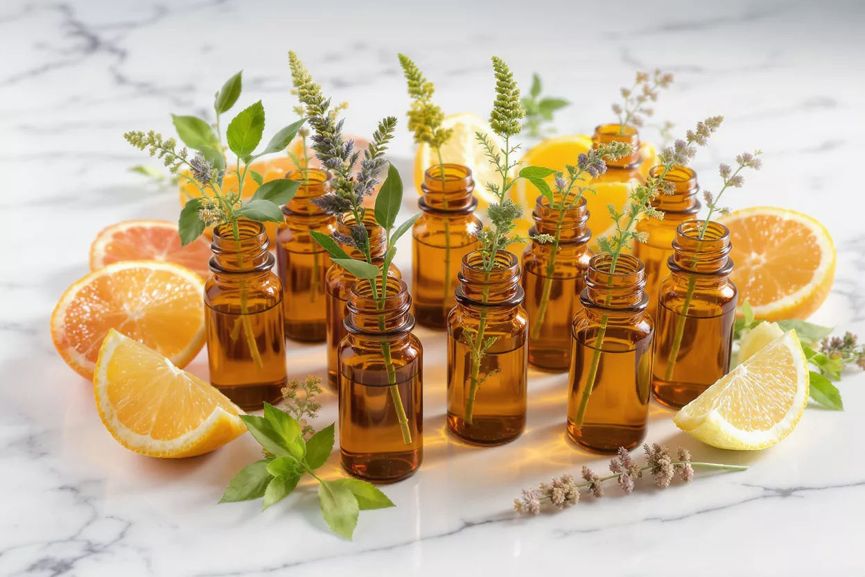 Amber bottles with herbs, citrus slices, and essential oils on marble.