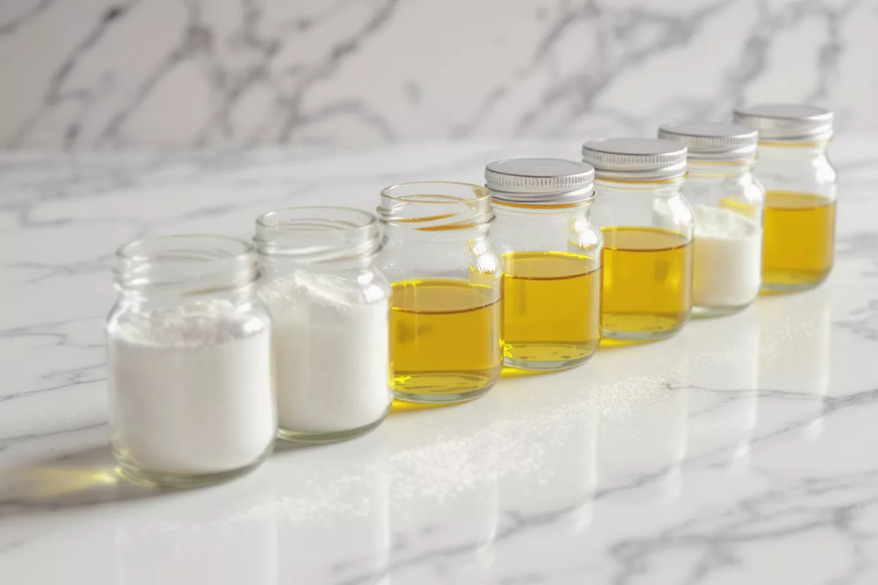 Ingrédients en bocaux Petits bocaux en verre avec poudre blanche et liquide jaune sur une surface en marbre.