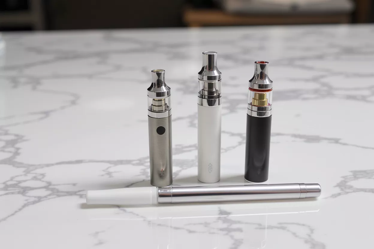 Four vape pens and e-cigarettes on a white marble surface, various colors.