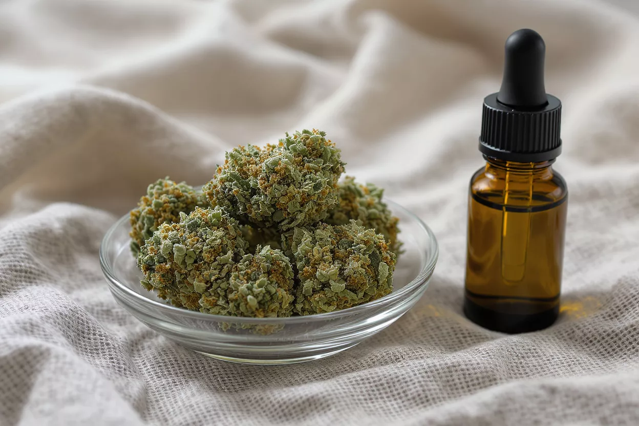 Flores de CBD y Cuentagotas de Aceite Brotes de cáñamo CBD en un tazón de vidrio junto a una botella cuentagotas de aceite de CBD.