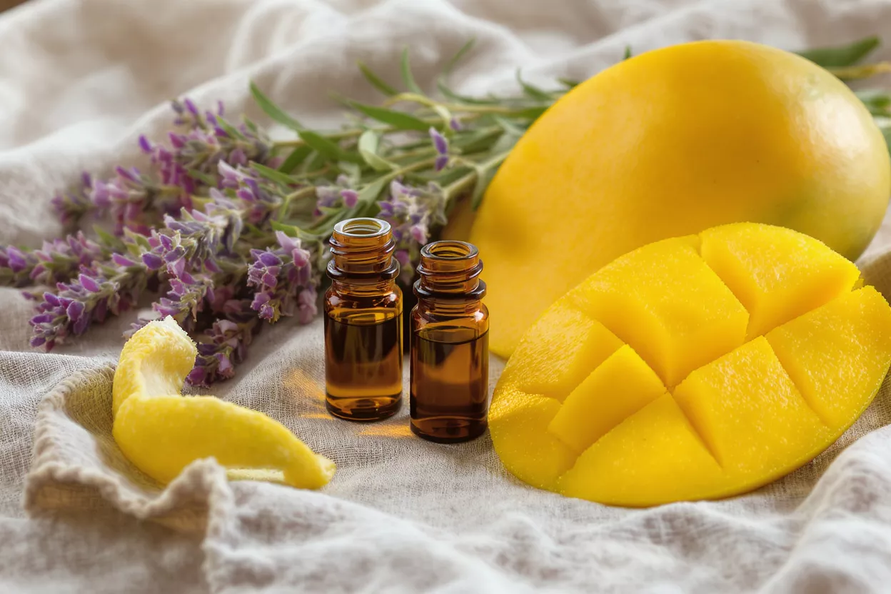 Two amber essential oil bottles with mangoes and lavender on a linen cloth.