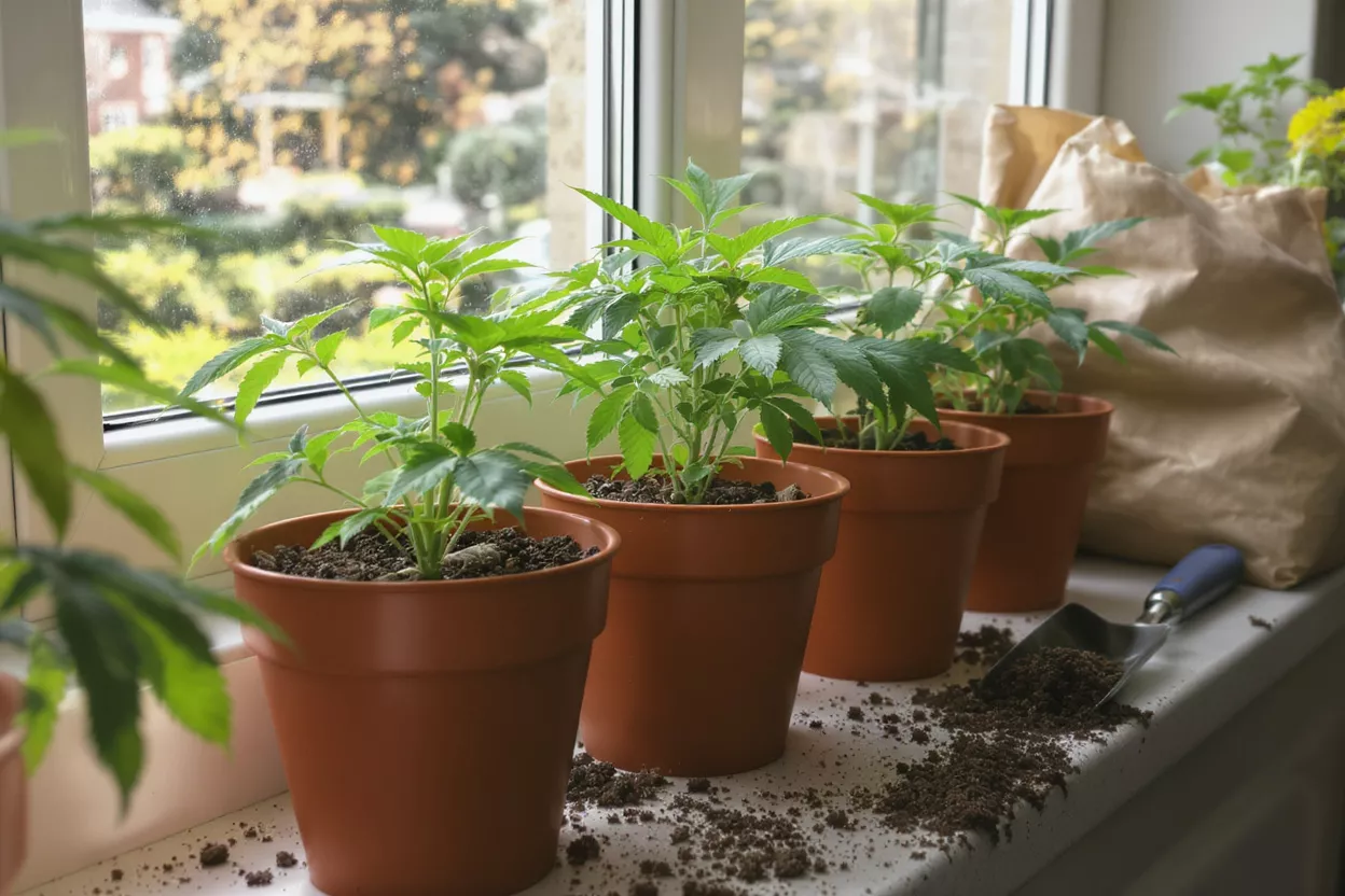 Several small green plants in brown pots on a window sill with a garden trowel.