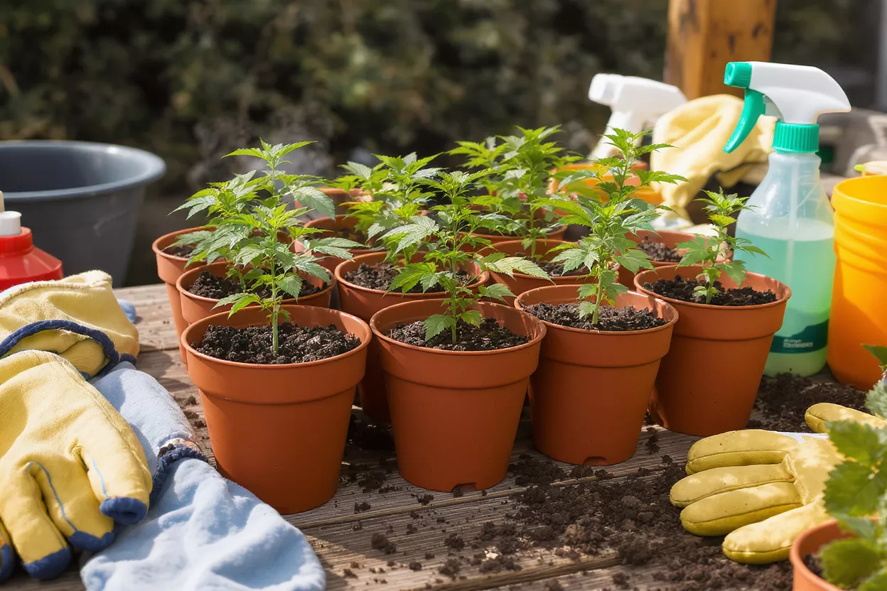 Pequeñas plántulas verdes en macetas marrones con guantes de jardinería y botella rociadora sobre mesa de madera.