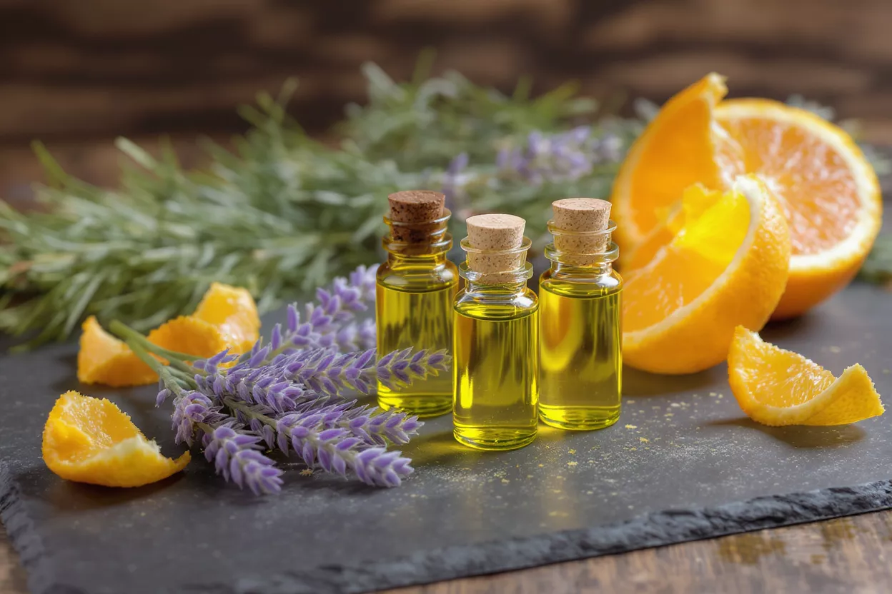 Three bottles of essential oil with lavender, rosemary, and orange slices.