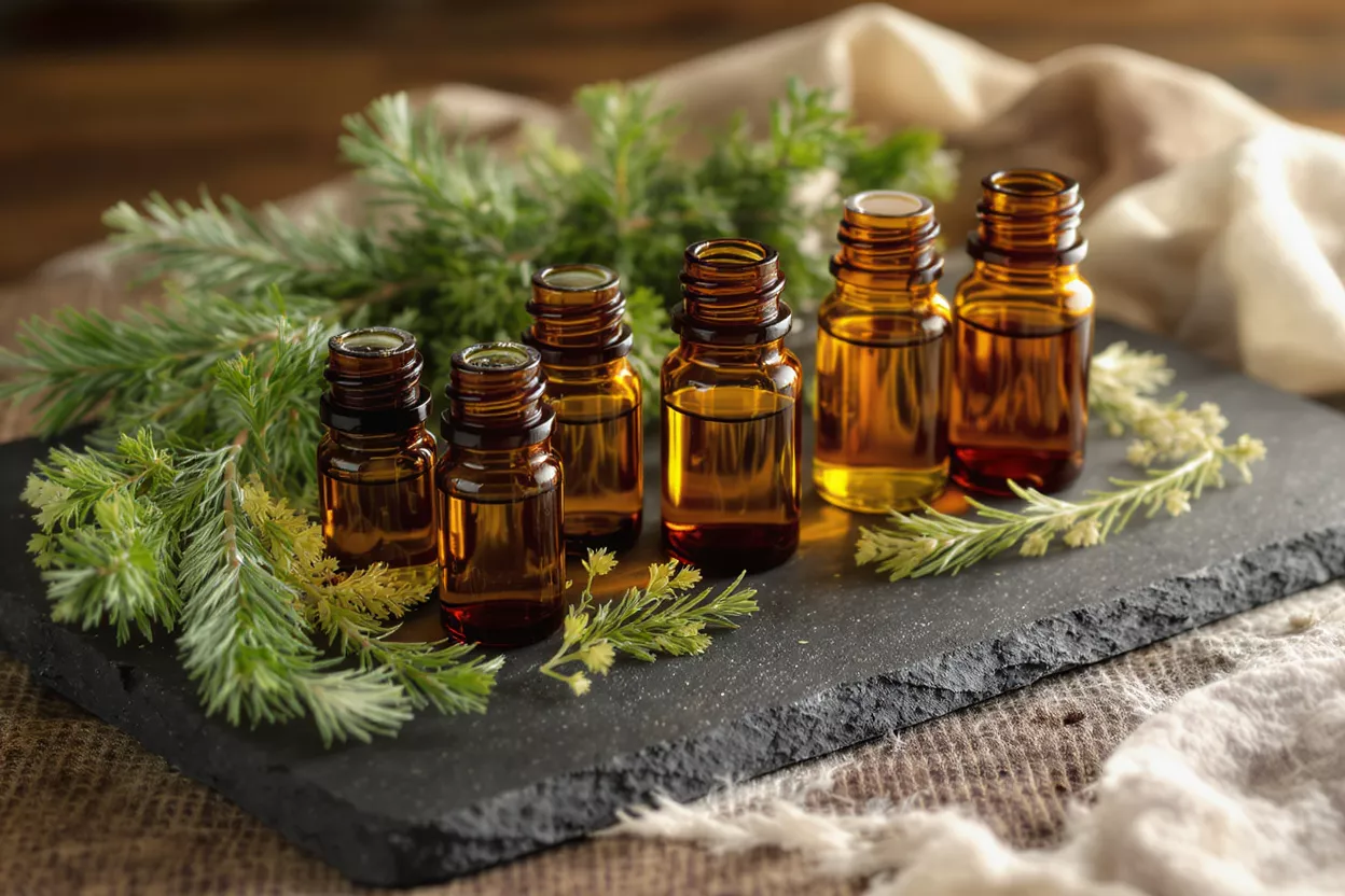 Amber bottles of essential oils with fresh green herbs on a dark slate.