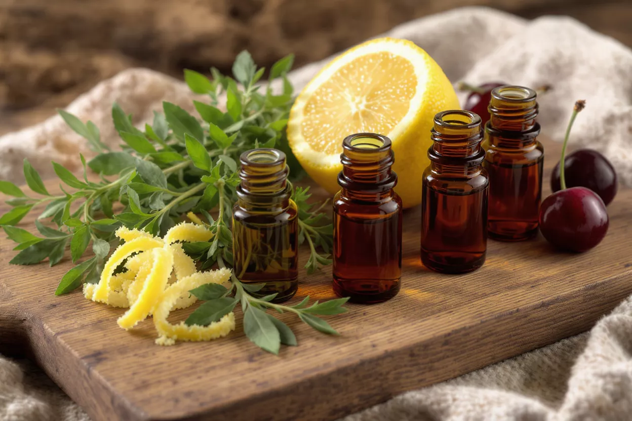 Amber bottles of essential oil with lemon, herbs, and cherries on a wooden board.