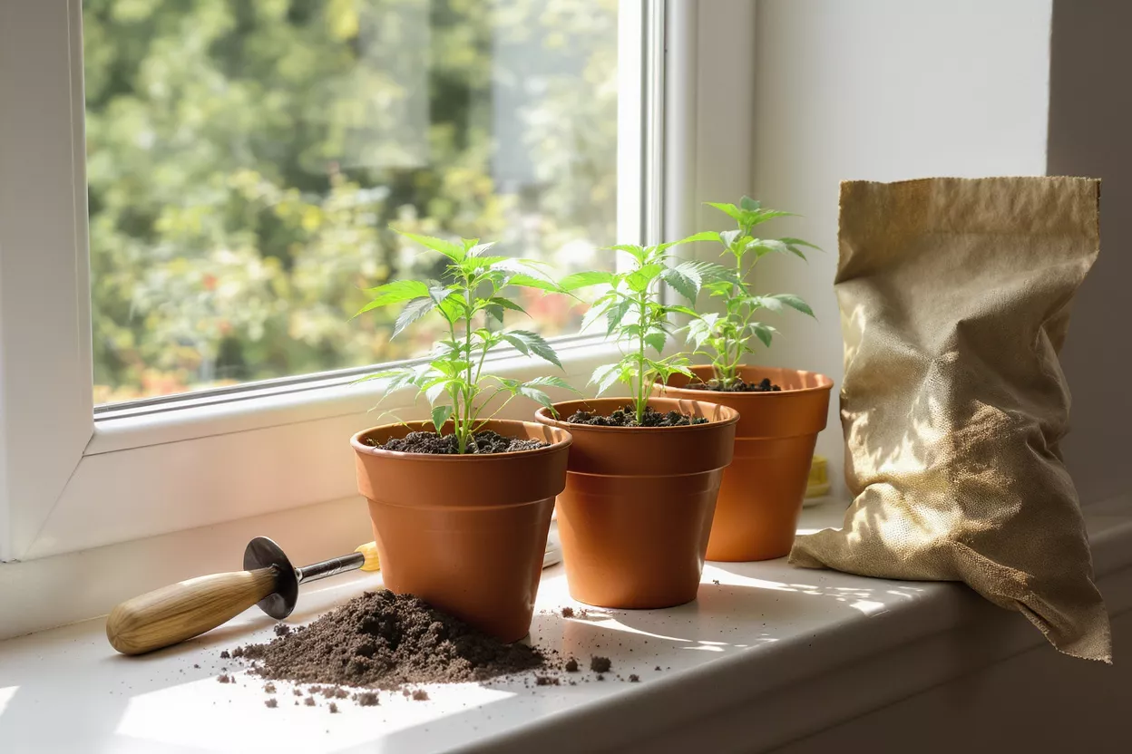 Three small green plants in brown pots on a sunlit windowsill with gardening tools.