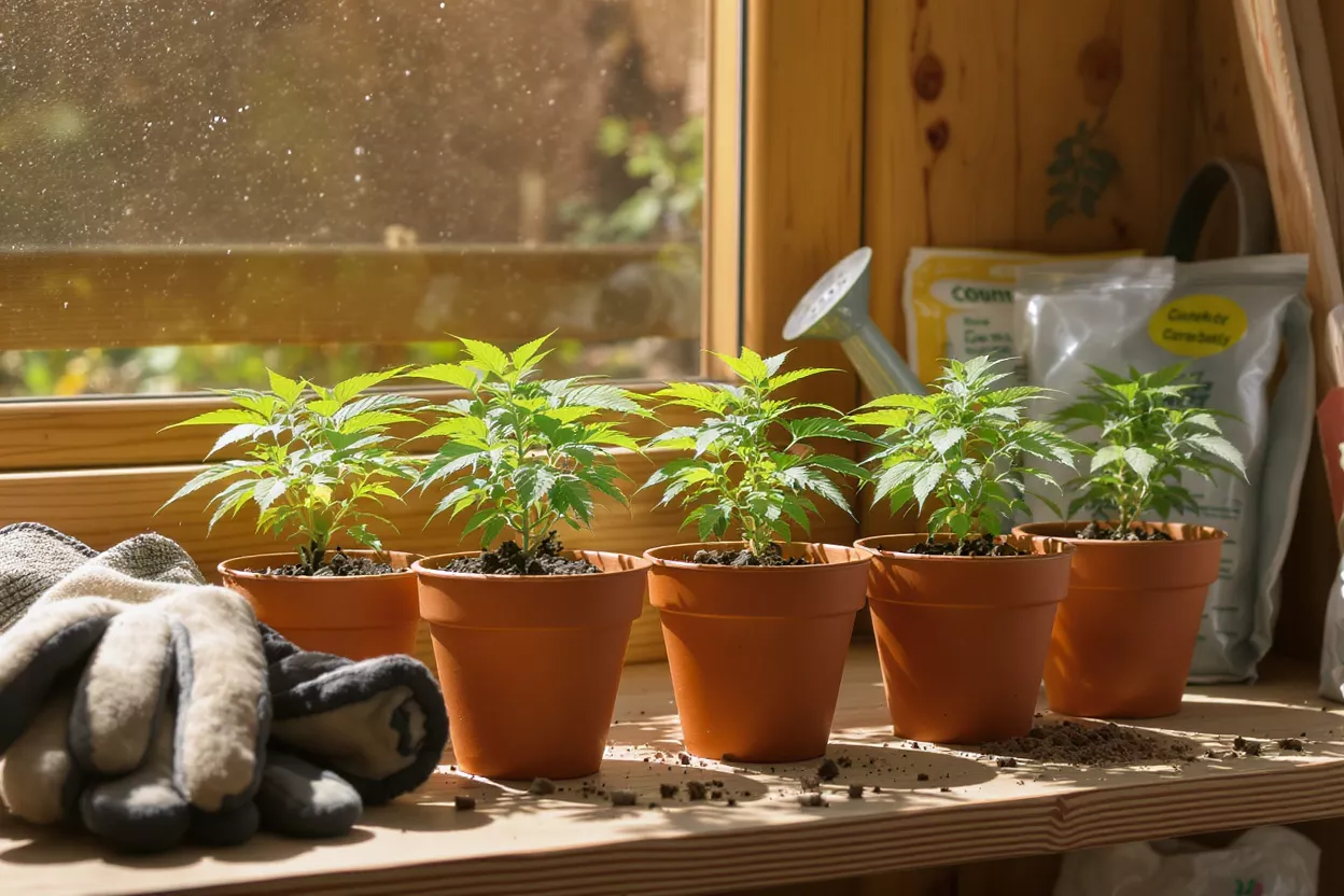 Five small green seedlings in terracotta pots on a wooden shelf by a sunny window.