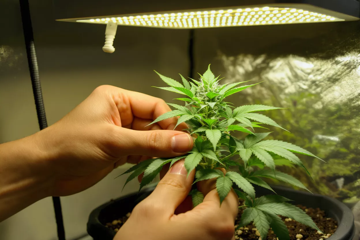 Mains entretenant une plante de cannabis sous une lumineuse lampe LED de culture dans une tente.