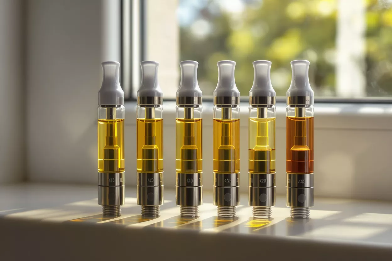 Six vape cartridges filled with golden and amber oil on a windowsill.