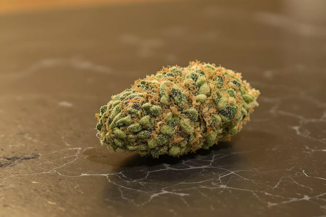 Close-up of a vibrant green cannabis bud with orange hairs on a dark marbled surface.