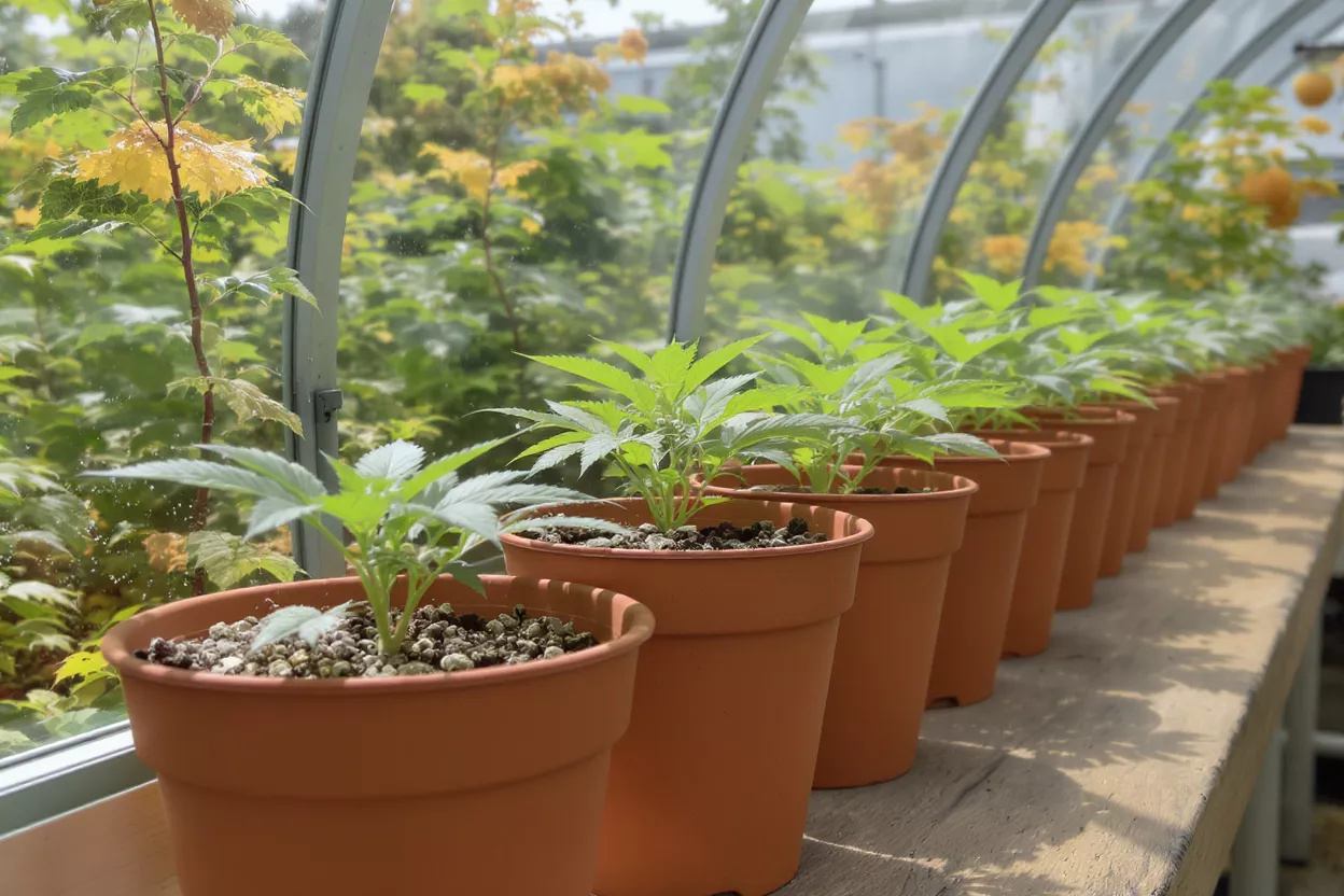 Row of young cannabis plants in terracotta pots inside a greenhouse.