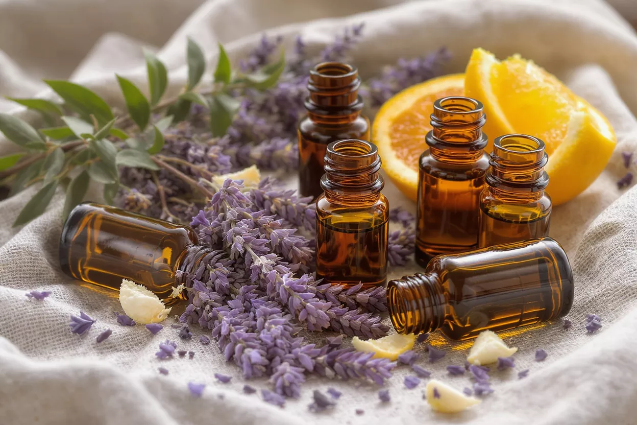 Frascos ámbar de aceite esencial con lavanda, rodajas de naranja y hojas verdes.