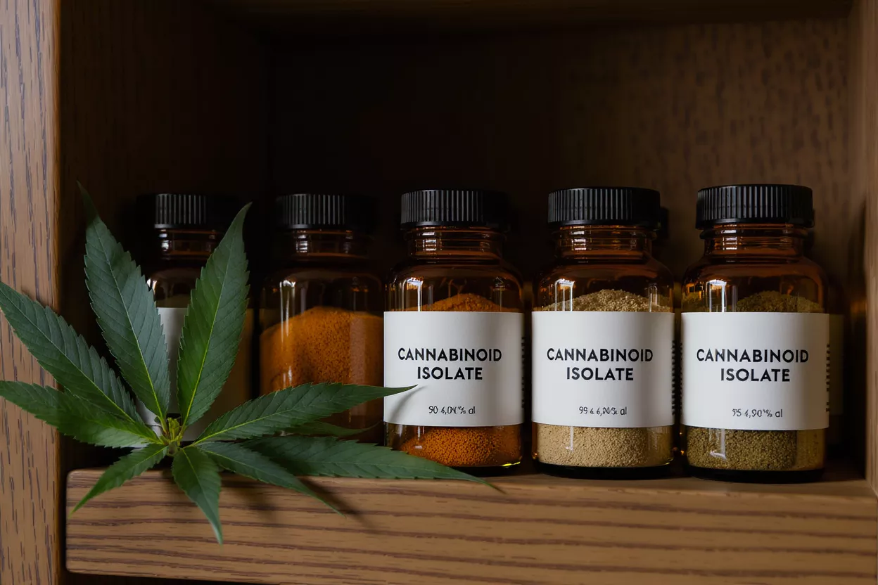 Amber bottles of cannabinoid isolate powder with a cannabis leaf on a wooden shelf.