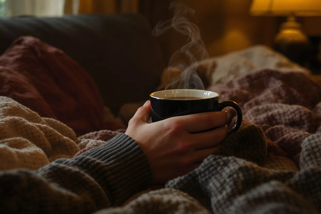 Les mains d'une personne tenant une tasse fumante de café, blottie sous des couvertures.