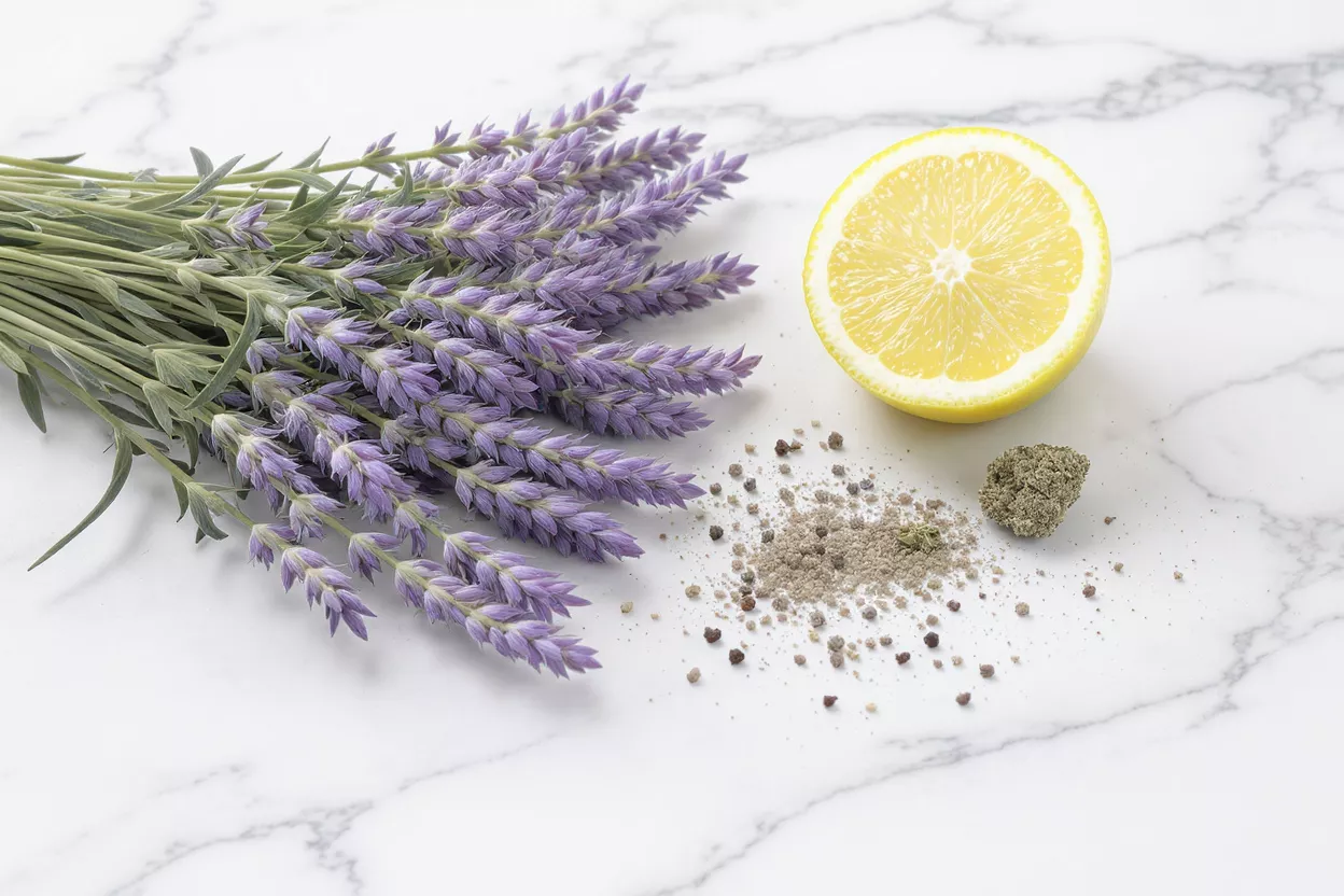 Ramas de lavanda, medio limón y varias hierbas sobre una superficie de mármol blanco.