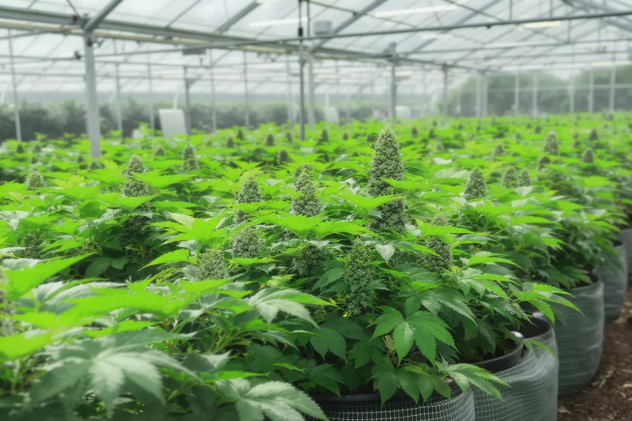 Rows of vibrant green cannabis plants with developing buds inside a large greenhouse.