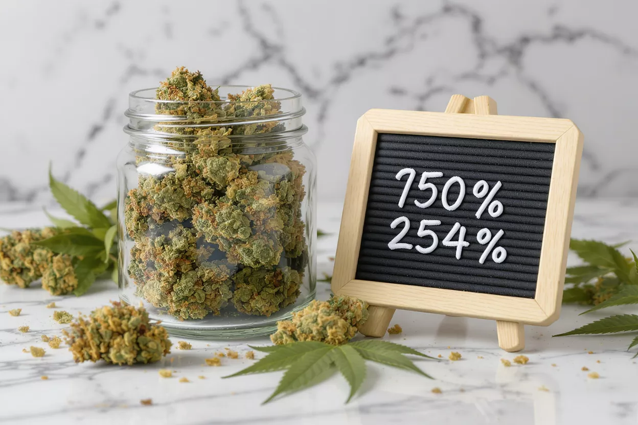A glass jar full of cannabis buds next to a small blackboard with percentages.