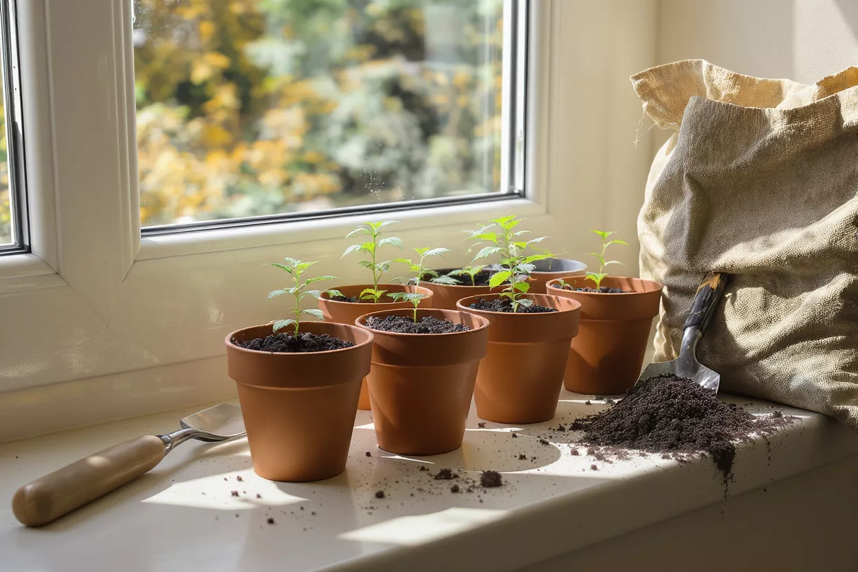 Small green seedlings in terracotta pots on a sunlit window sill, with gardening tools.