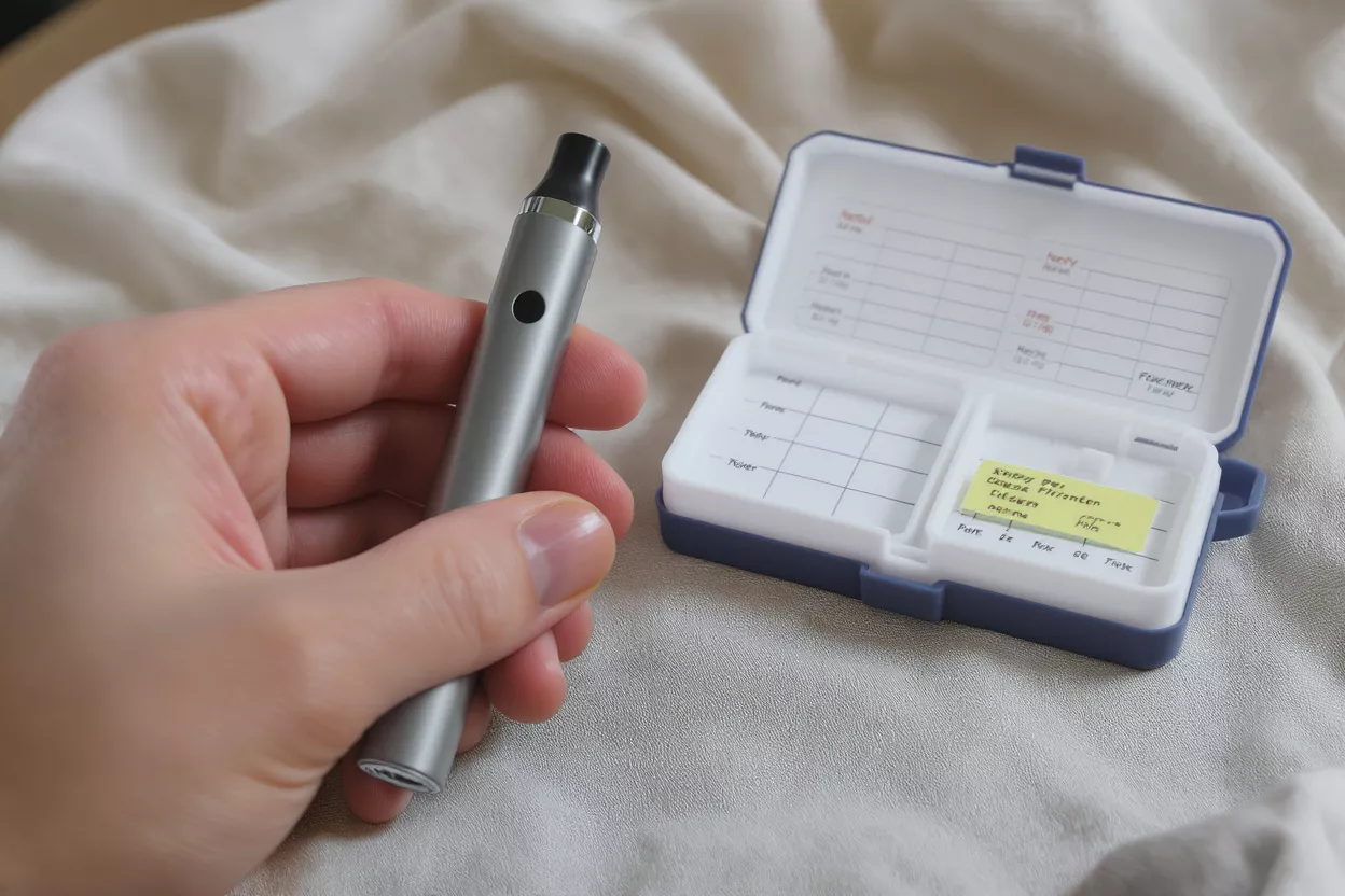 Hand holding a silver vape pen next to an open pill box.