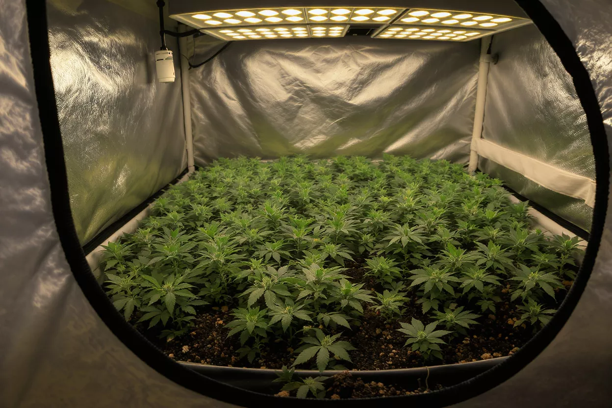 Many small cannabis plants growing in an indoor tent under LED lights.