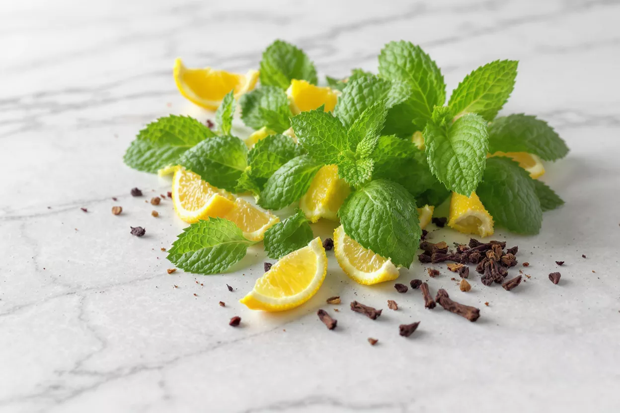 Bright green mint leaves, yellow lemon wedges, and dark cloves on white marble.