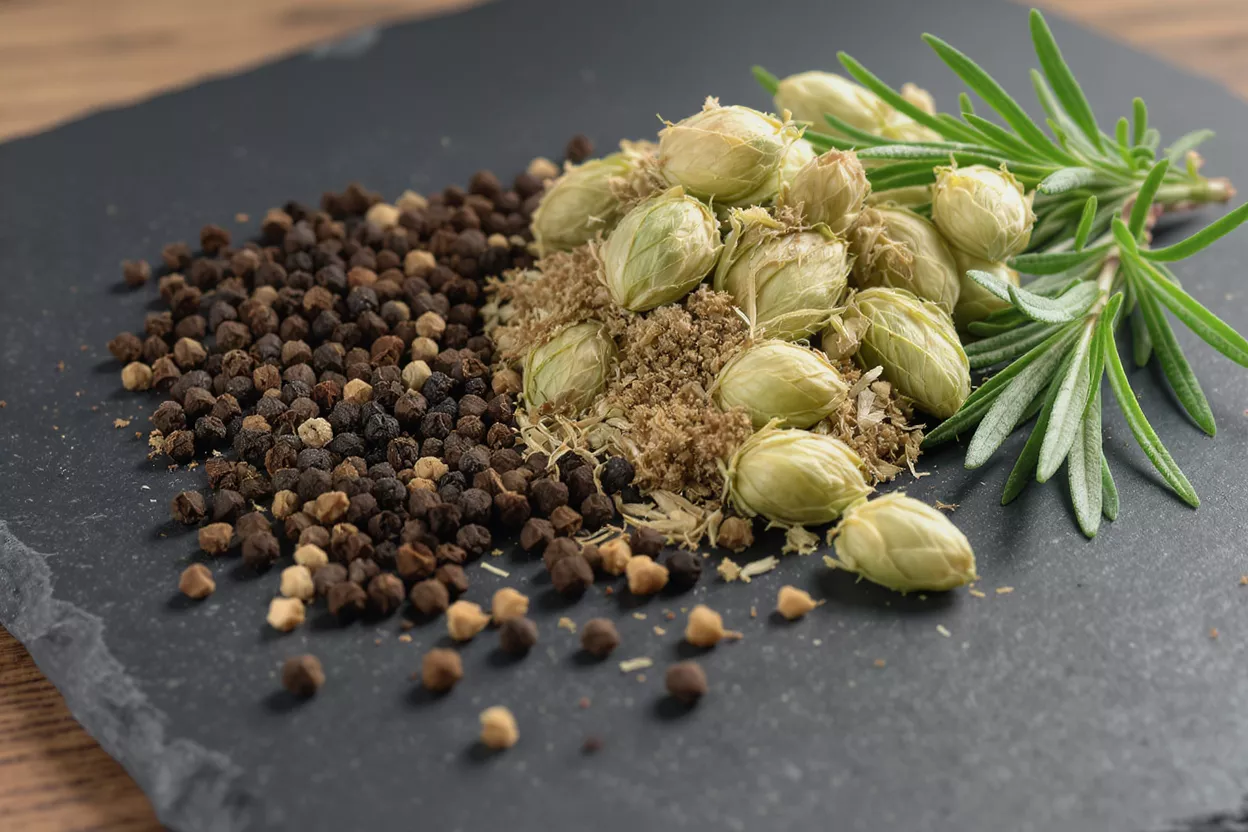 Black pepper, dried cardamom pods, and fresh rosemary on a dark slate surface.