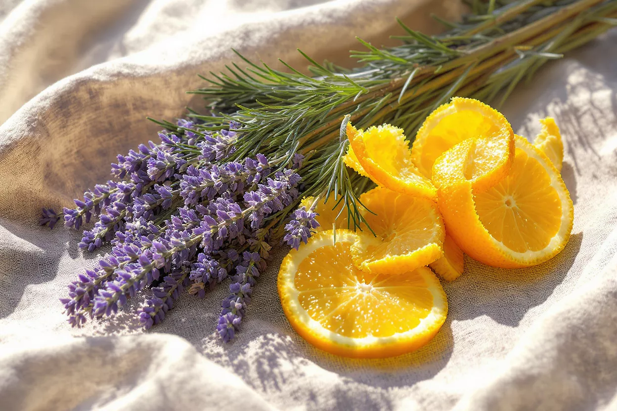 Lavender, rosemary, and orange peels and slices on a light fabric.