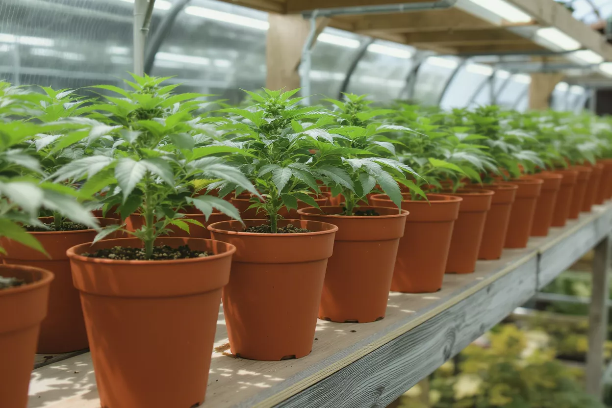 Row of healthy cannabis plants growing in brown pots inside a bright greenhouse.