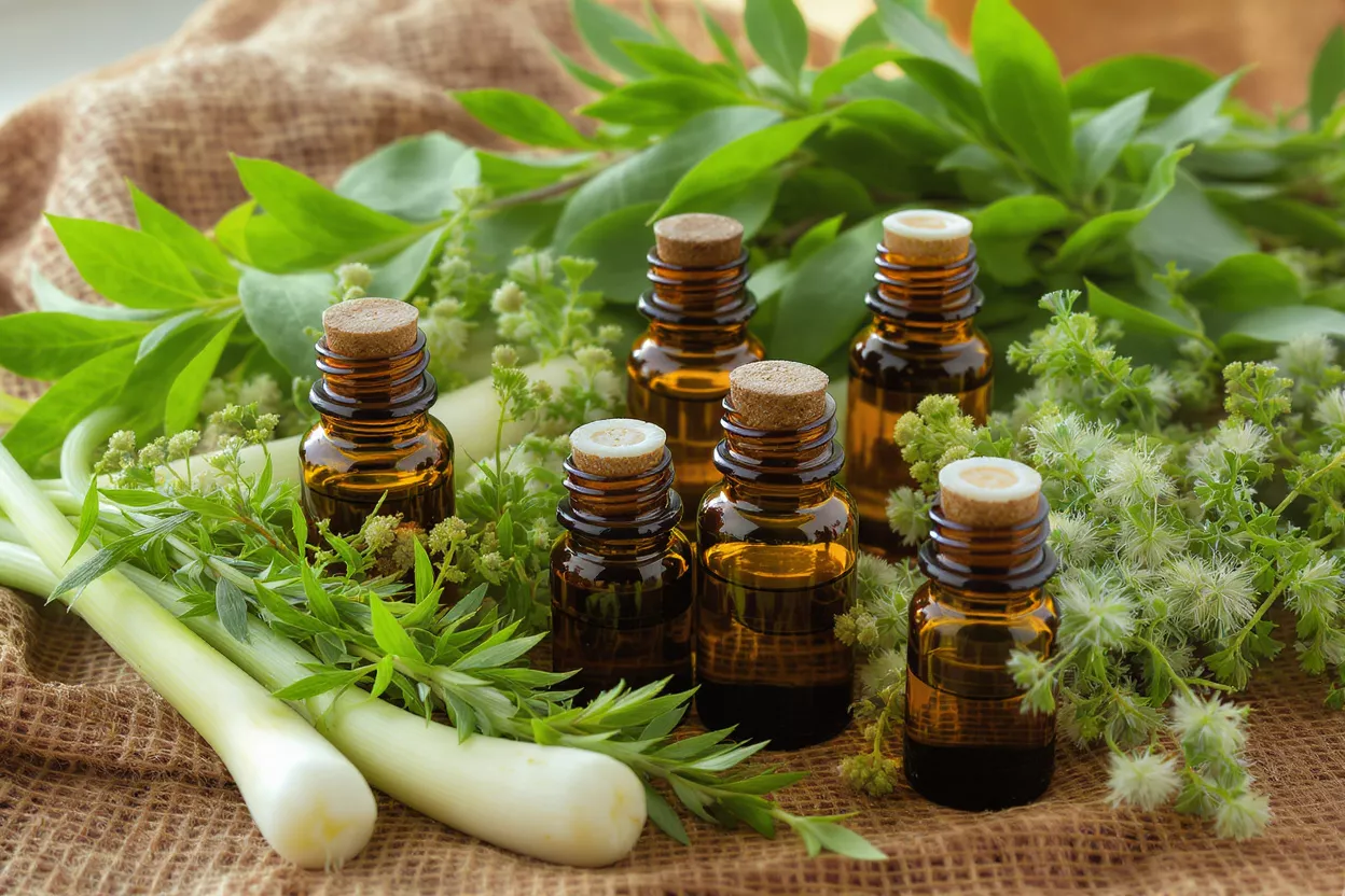 Amber essential oil bottles with corks surrounded by fresh green herbs and plants.