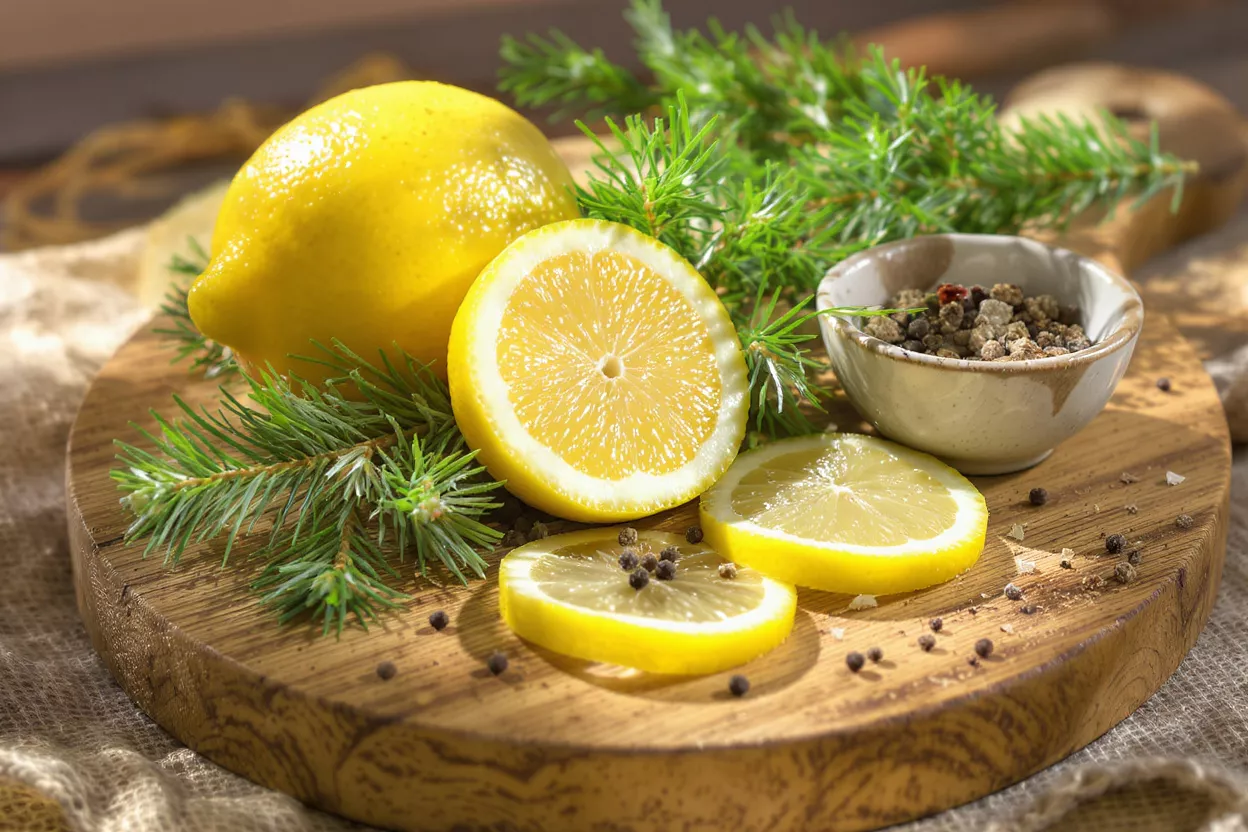 Whole and sliced lemons, pine sprigs, and a bowl of spices on a wooden board.