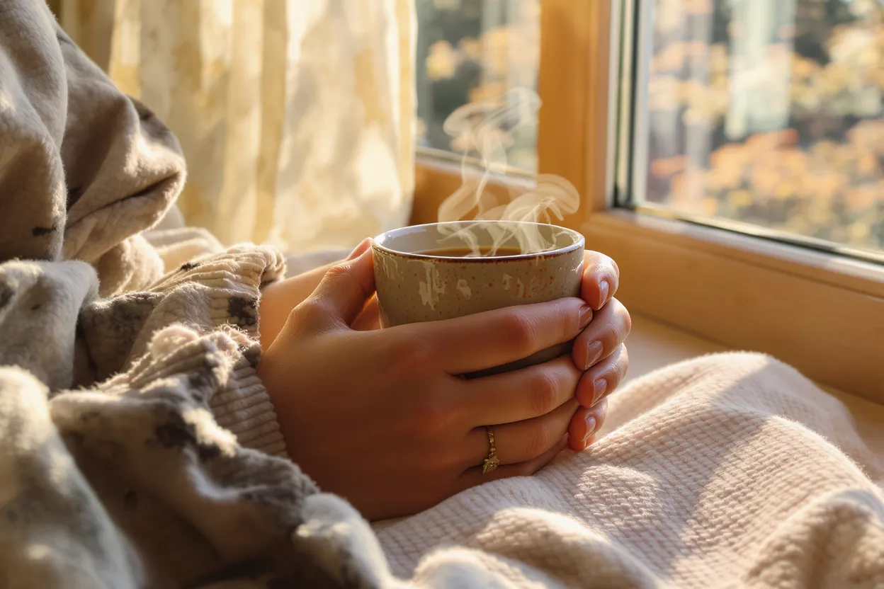 Hands holding a steaming cup of coffee by a sunlit window with autumn trees.