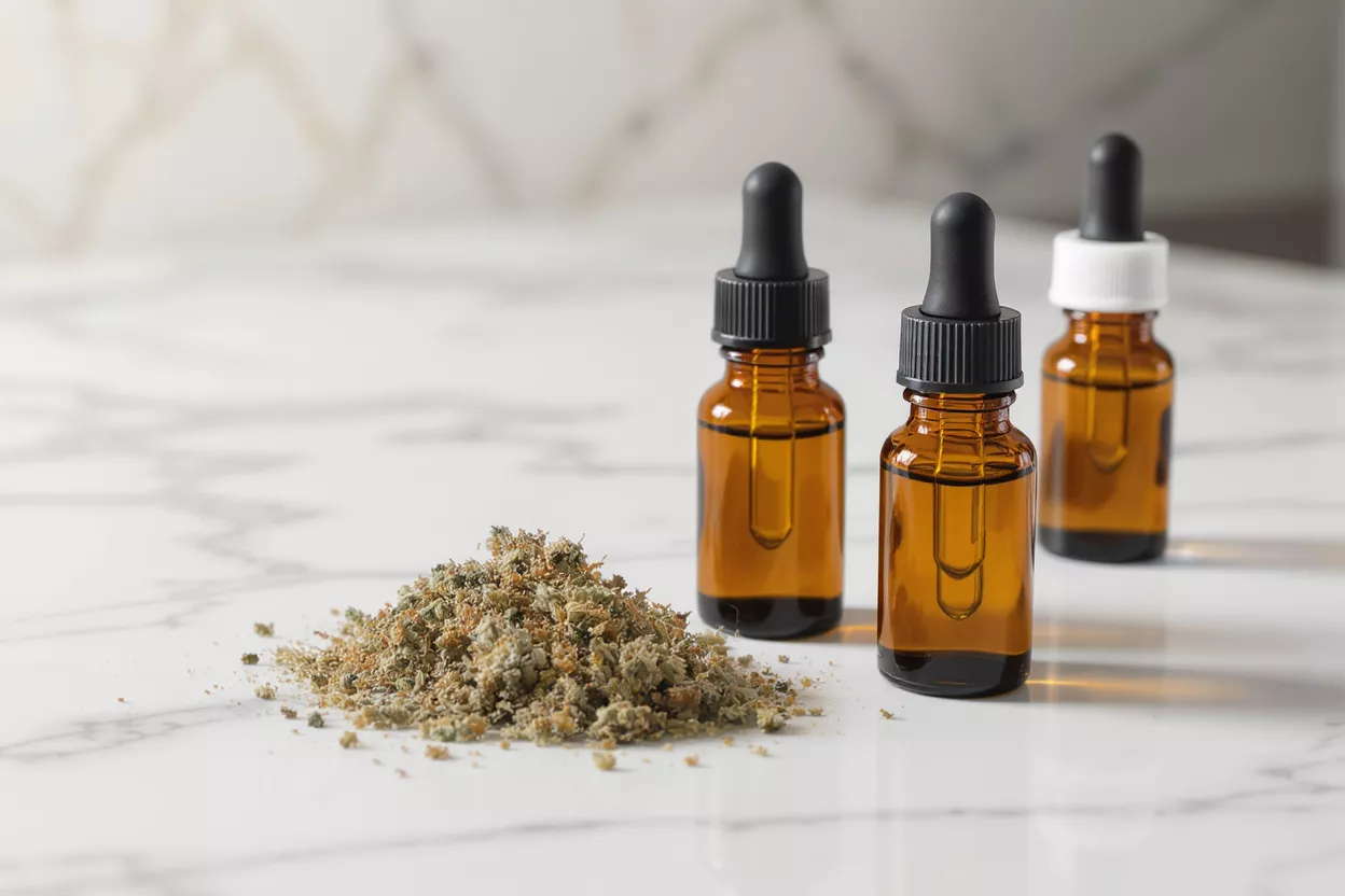 Three amber dropper bottles of CBD oil next to a pile of dried hemp flower.