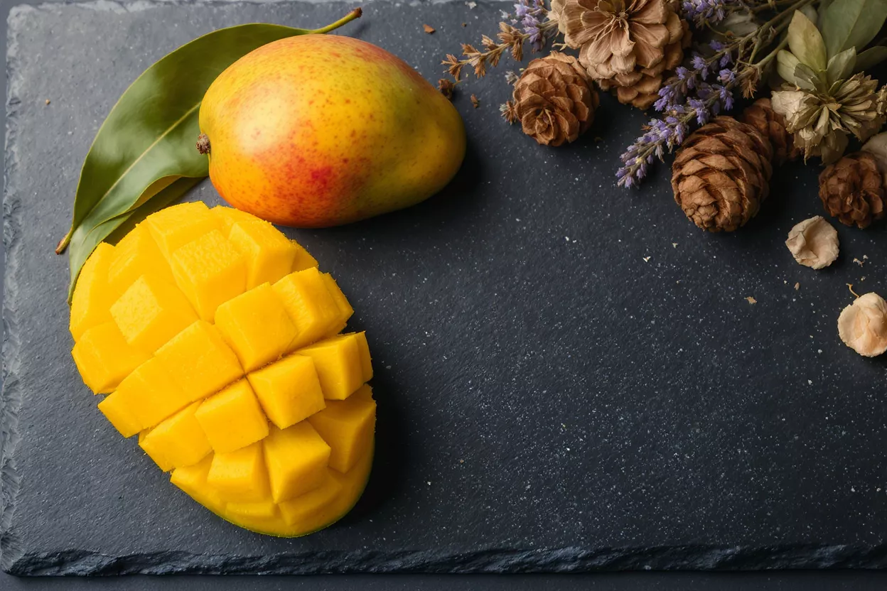 Whole and sliced mango with decorative elements on a dark slate background.