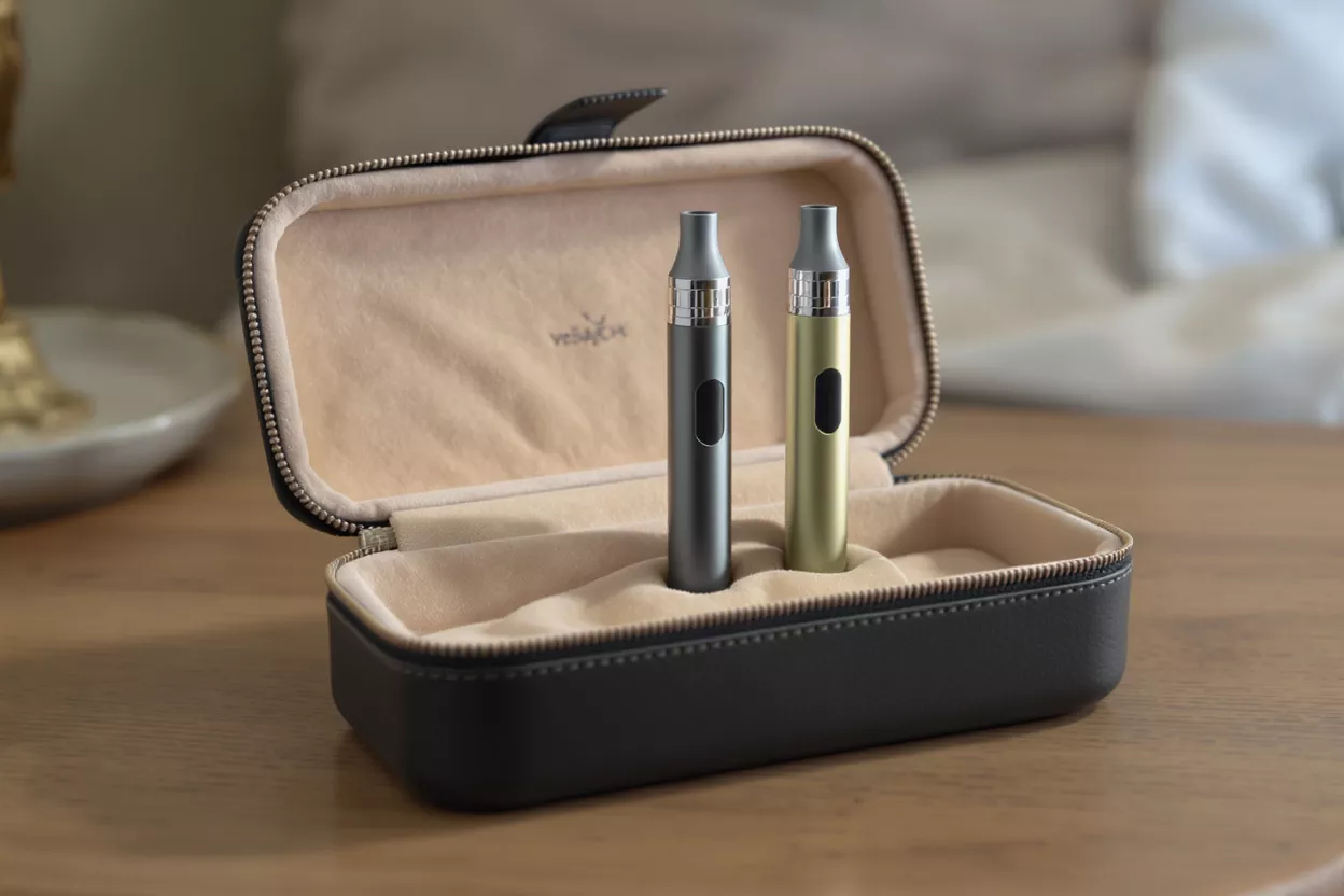 Dos elegantes bolígrafos vape, uno gris y uno dorado, de pie en un estuche negro abierto.