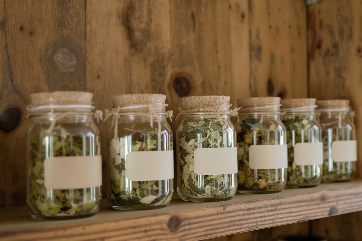 Six glass jars with dried herbs and blank labels on a rustic wooden shelf.