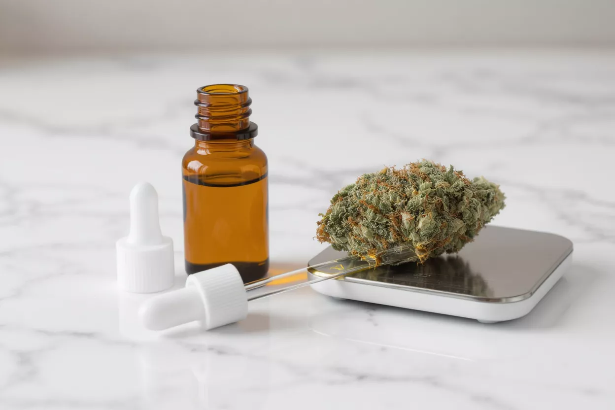 Amber bottle of CBD oil, dropper, and cannabis bud on a digital scale.