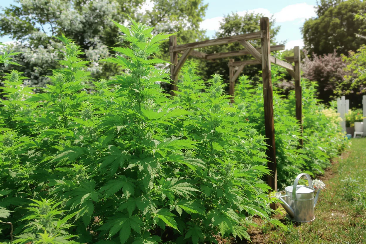 Lush green cannabis plants growing outdoors with a watering can nearby.